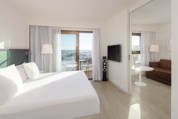 a bedroom with a large bed and a television