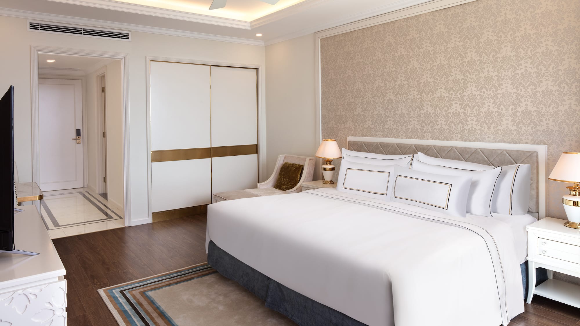 a bedroom with a bed and a closet