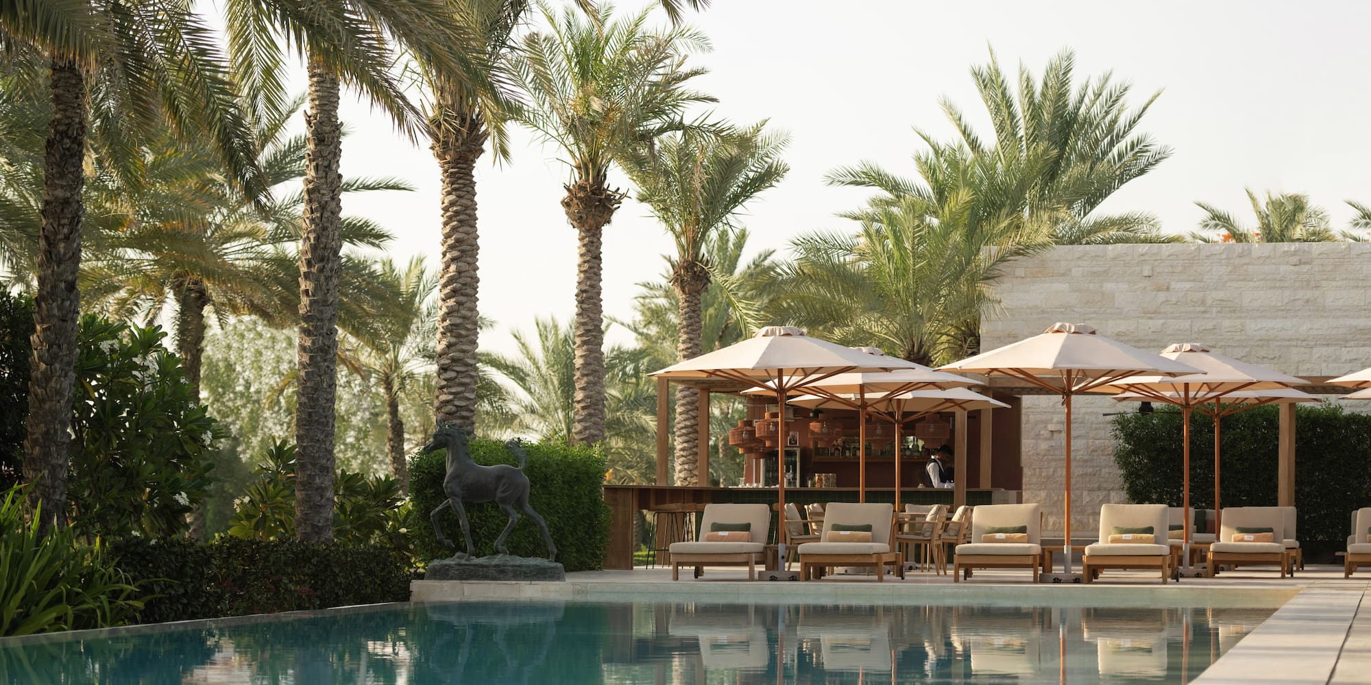 a pool with umbrellas and chairs