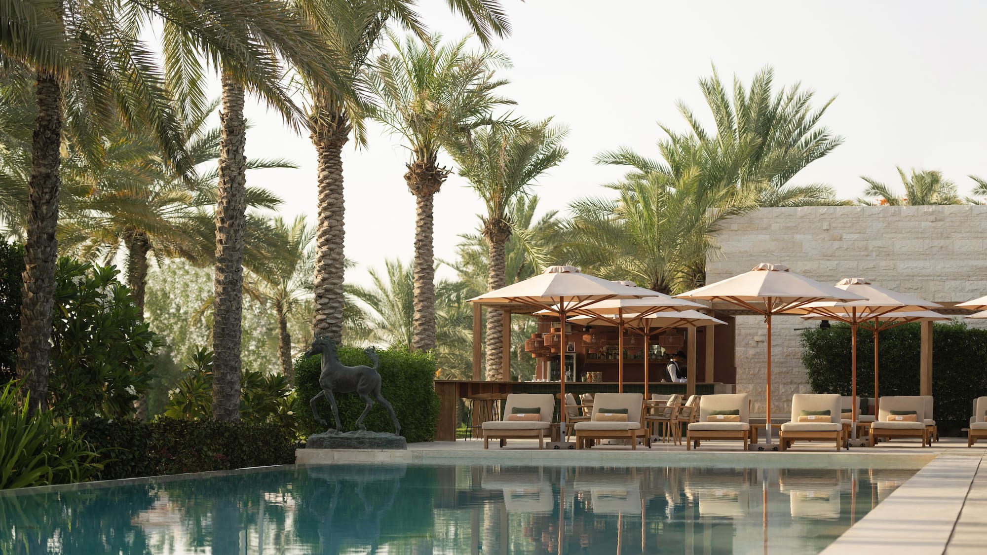 a pool with umbrellas and chairs