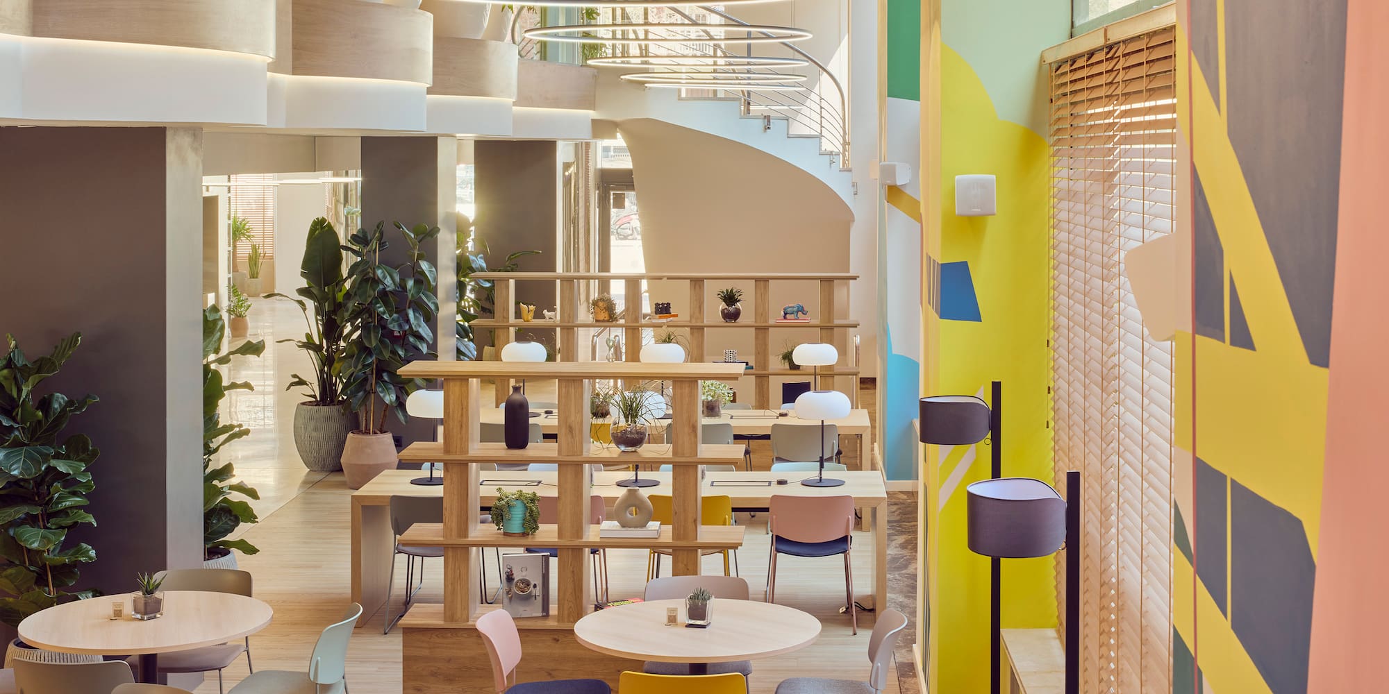 a room with tables and chairs