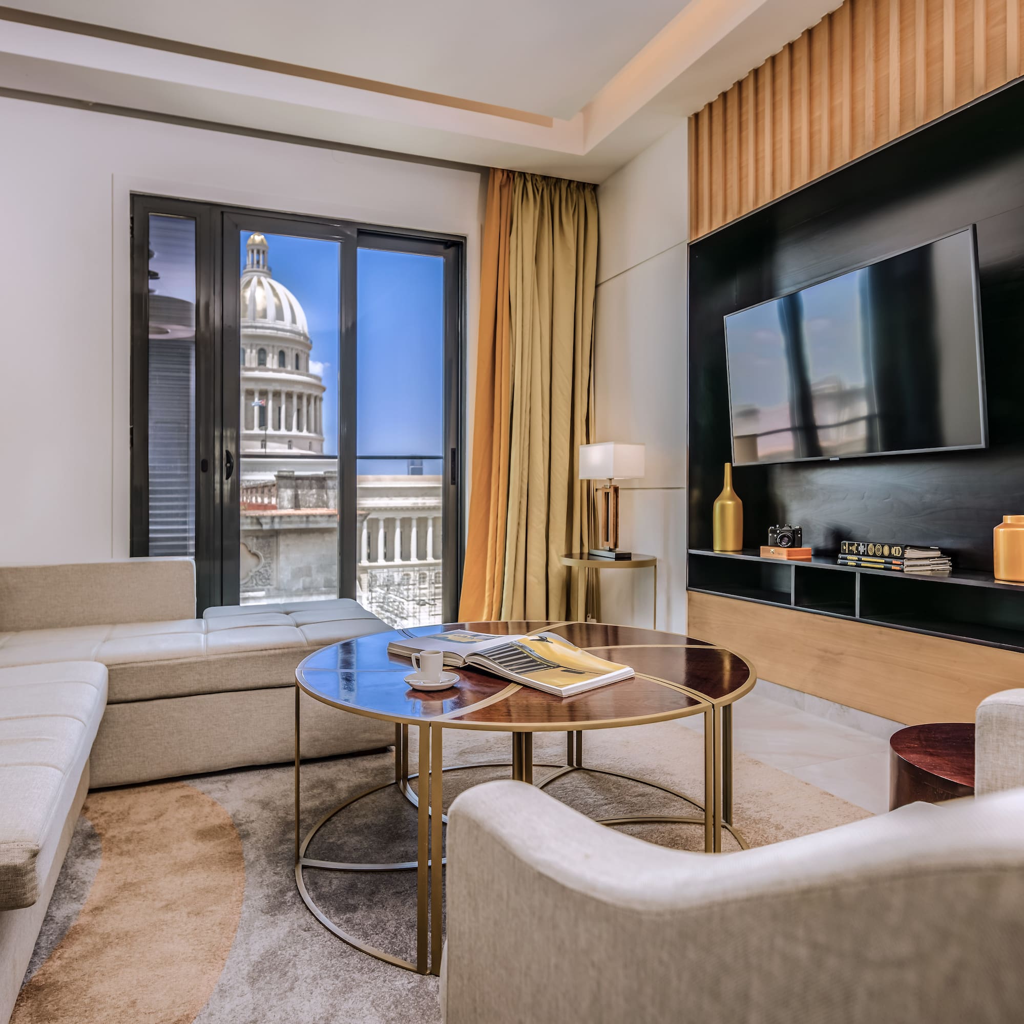 a room with a television and a table