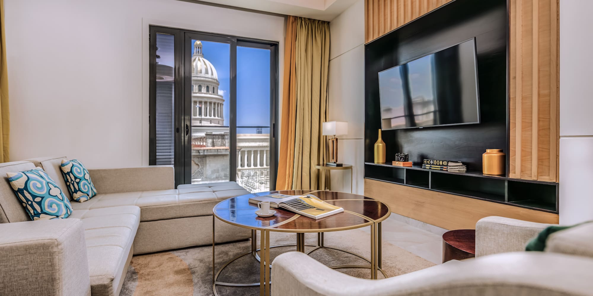 a room with a television and a table