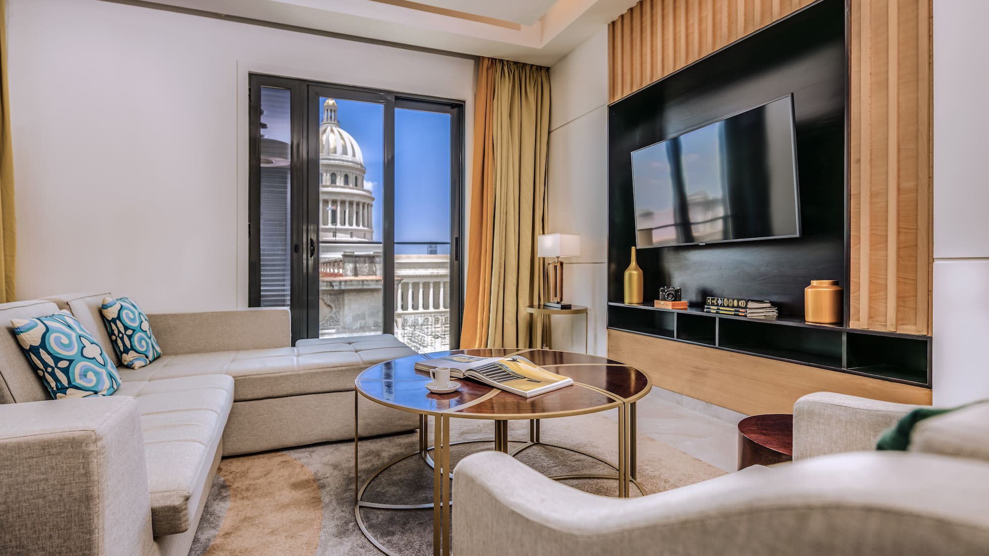 a room with a television and a table