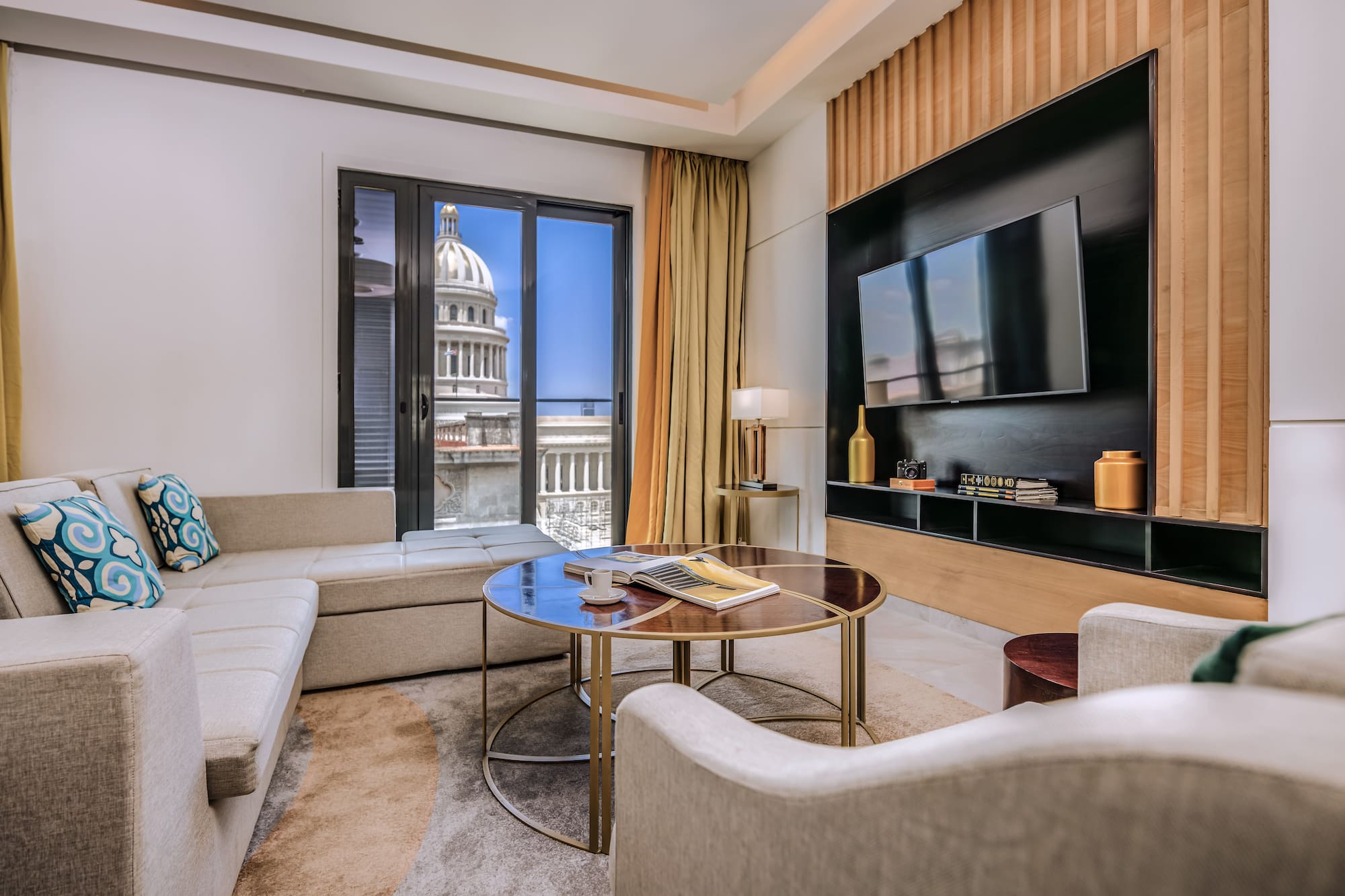 a room with a television and a table