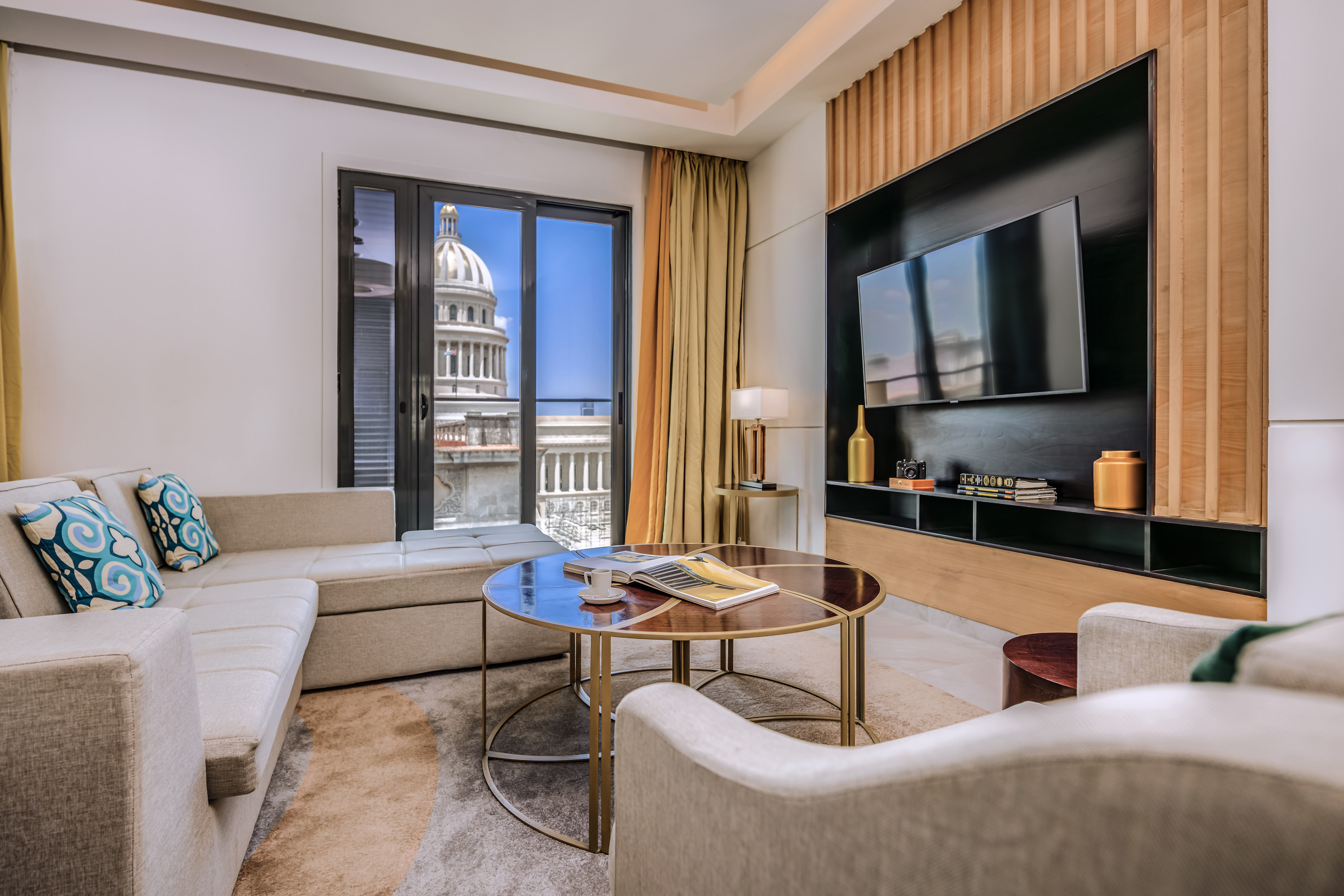 a room with a television and a table