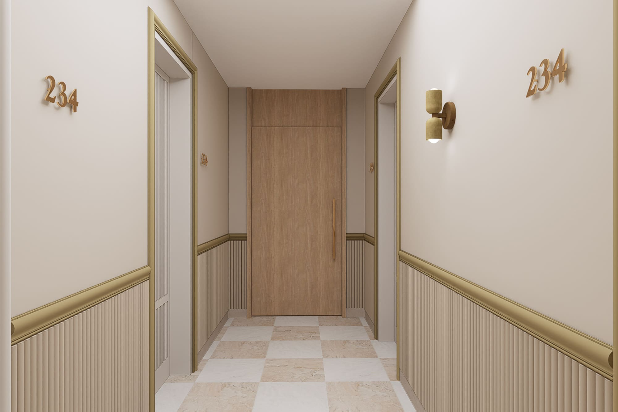 Hotel corridor with cream walls, gold trim, wooden door, and tiled floor.