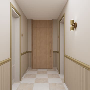 a hallway with a door and a tile floor