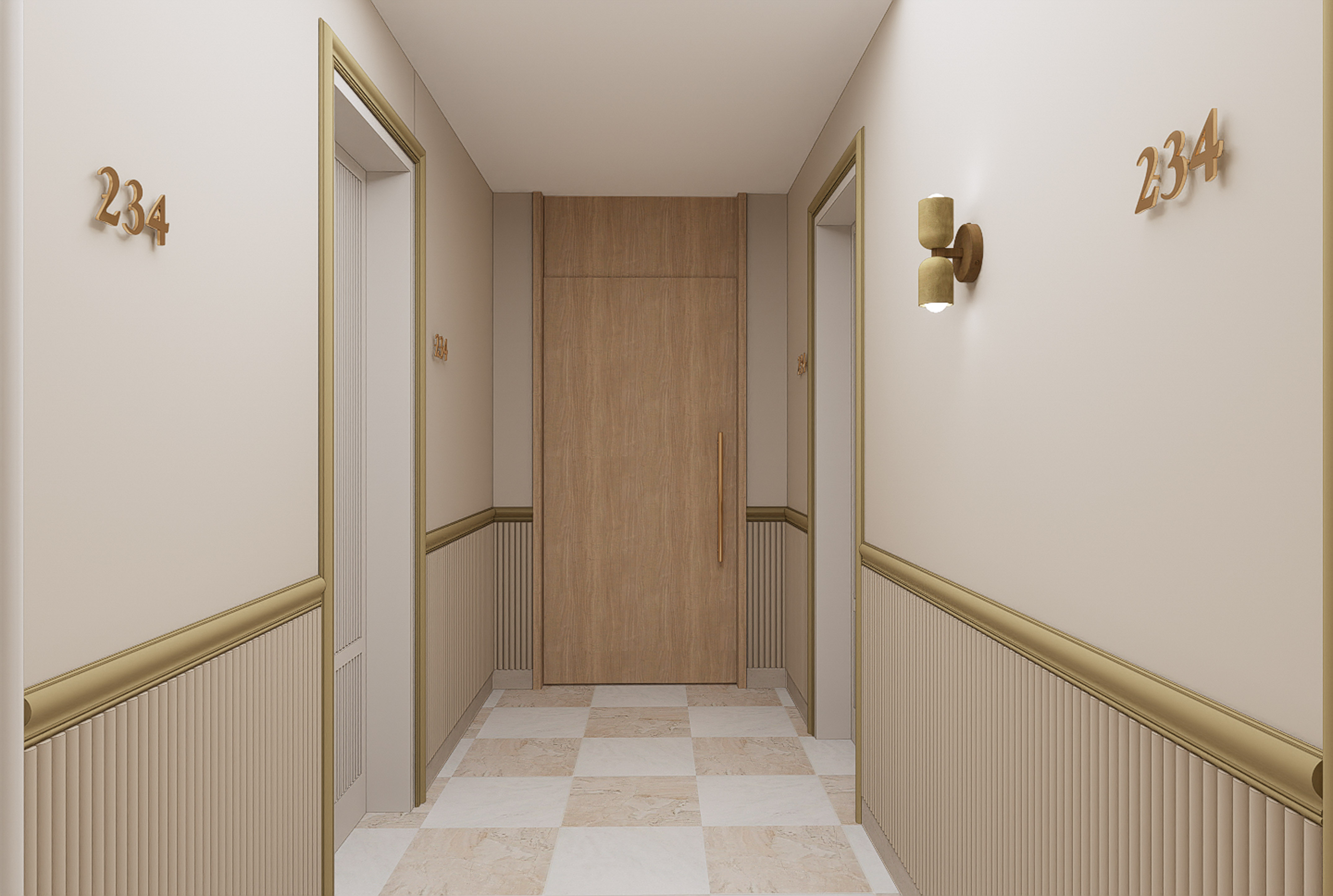 Hotel corridor with cream walls, gold trim, wooden door, and tiled floor.