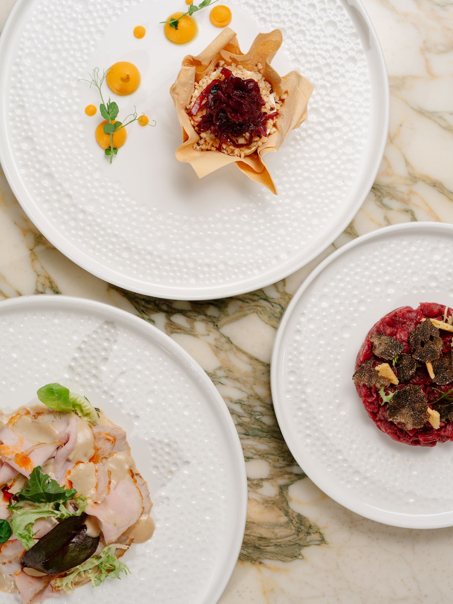 Beef tartare with truffles, sliced meat, and gourmet appetizer on marble.