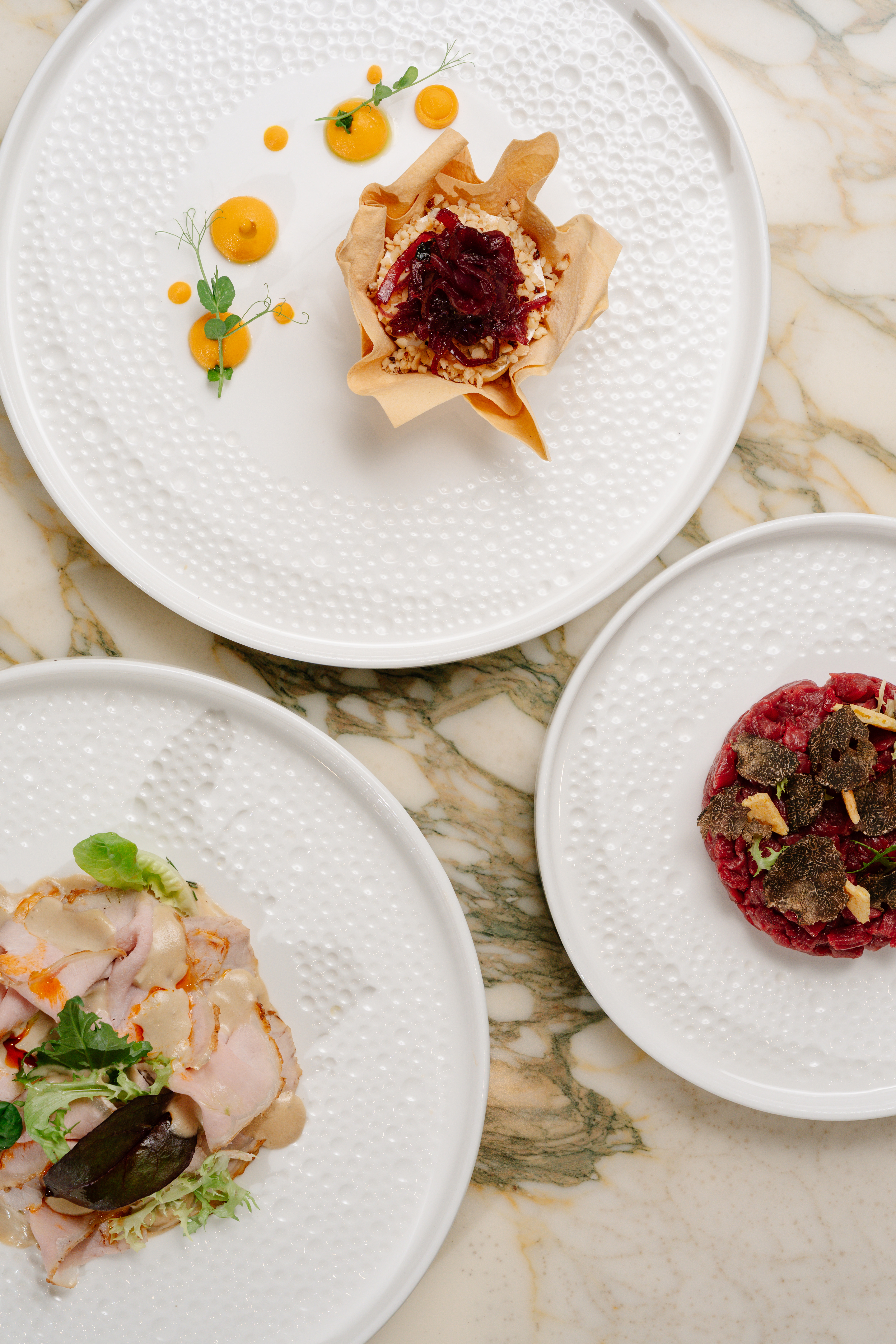 Beef tartare with truffles, sliced meat, and gourmet appetizer on marble.