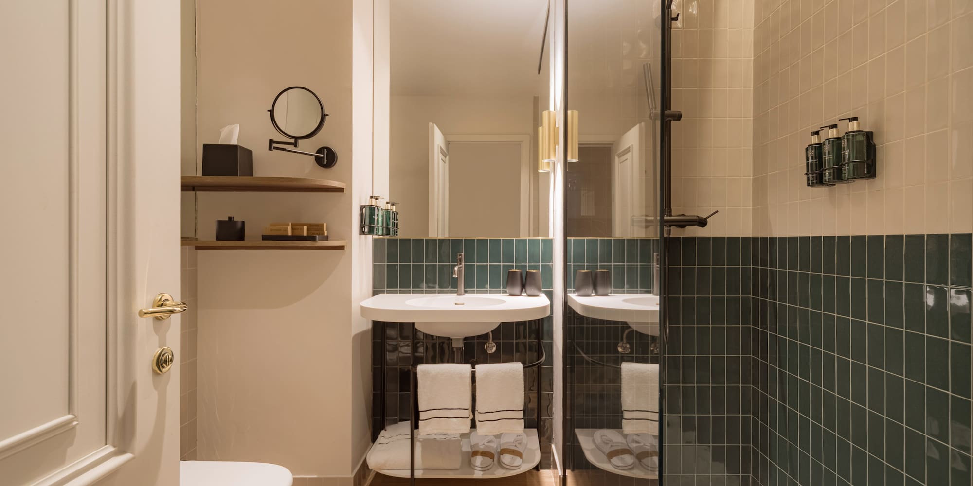 a bathroom with a shower and sink