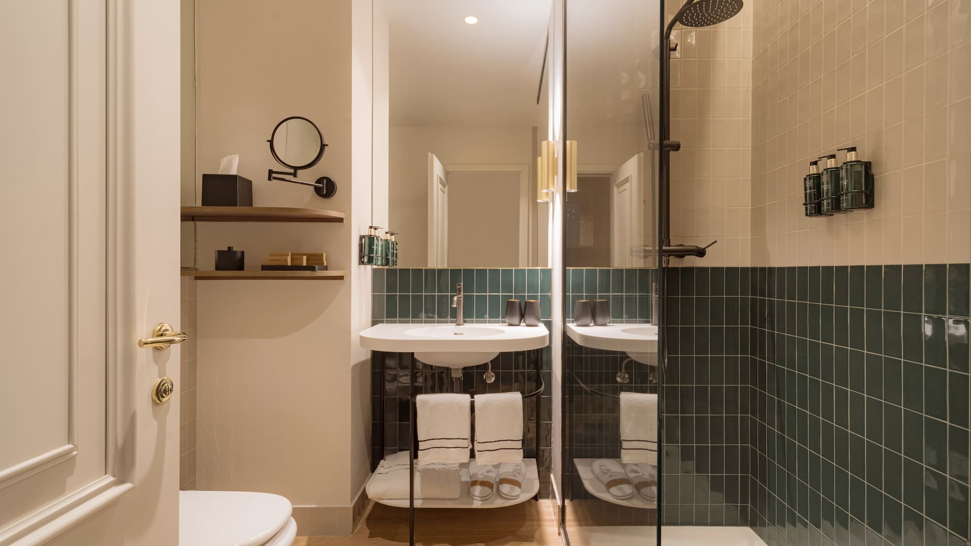 a bathroom with a shower and sink