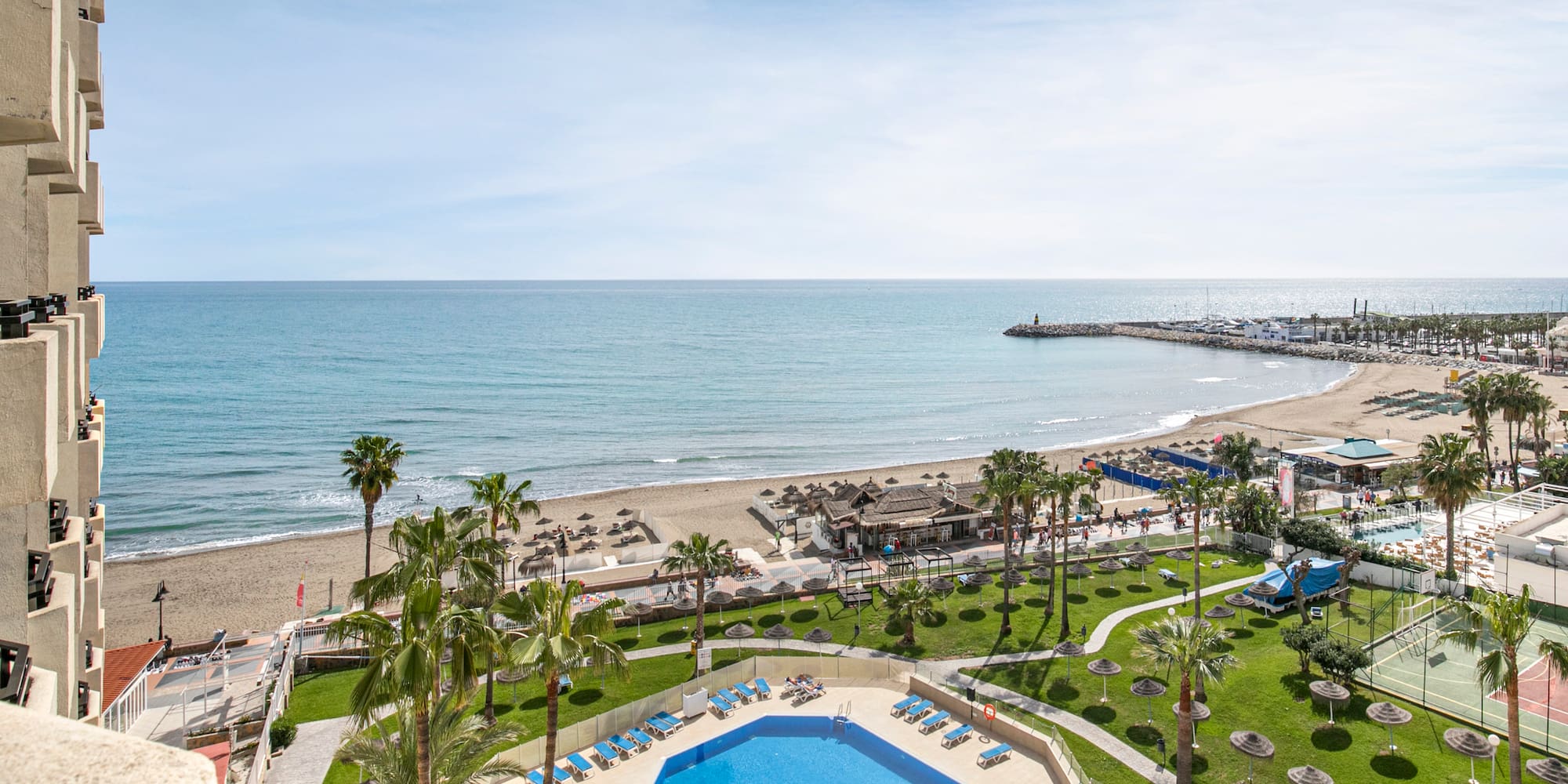 a pool and beach with palm trees and a pier