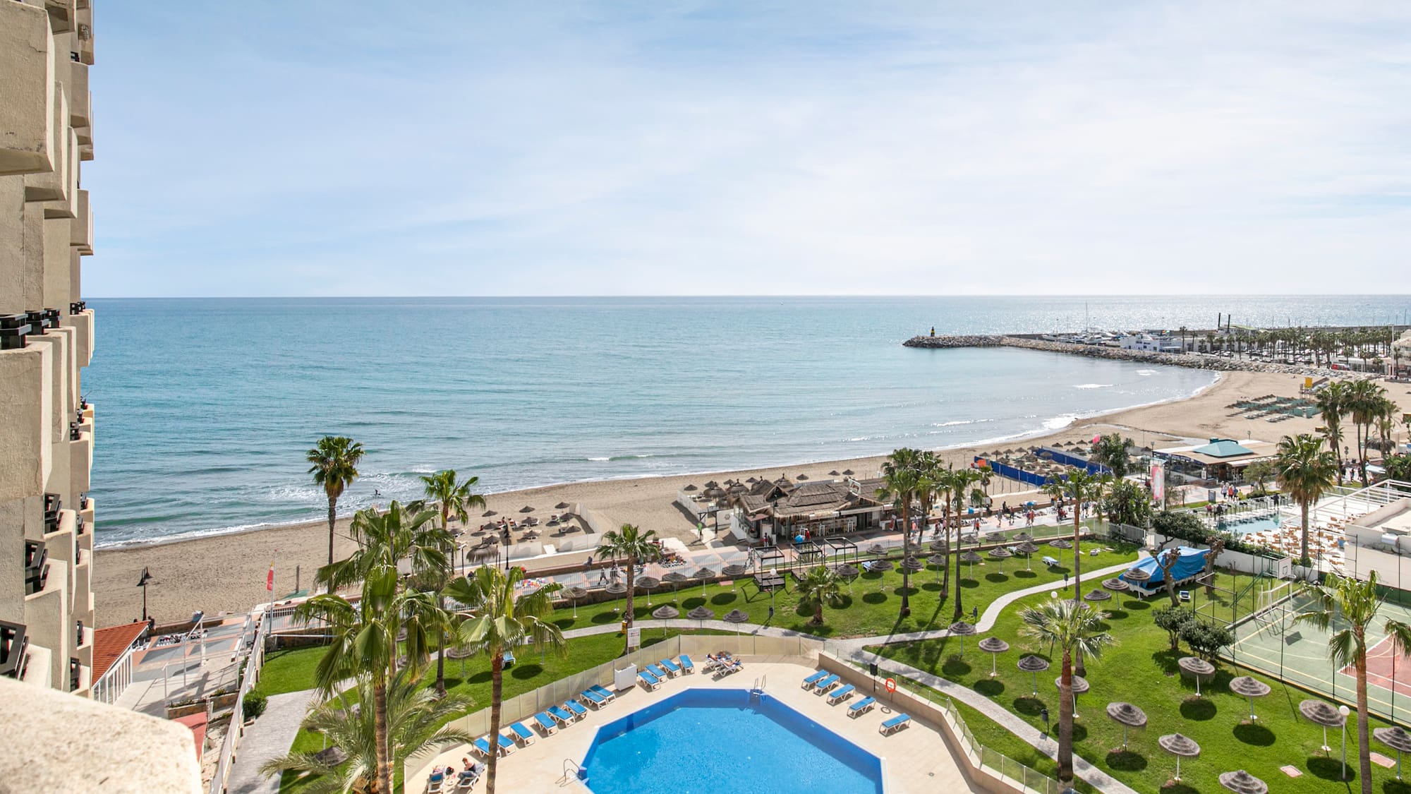 a pool and beach with palm trees and a pier