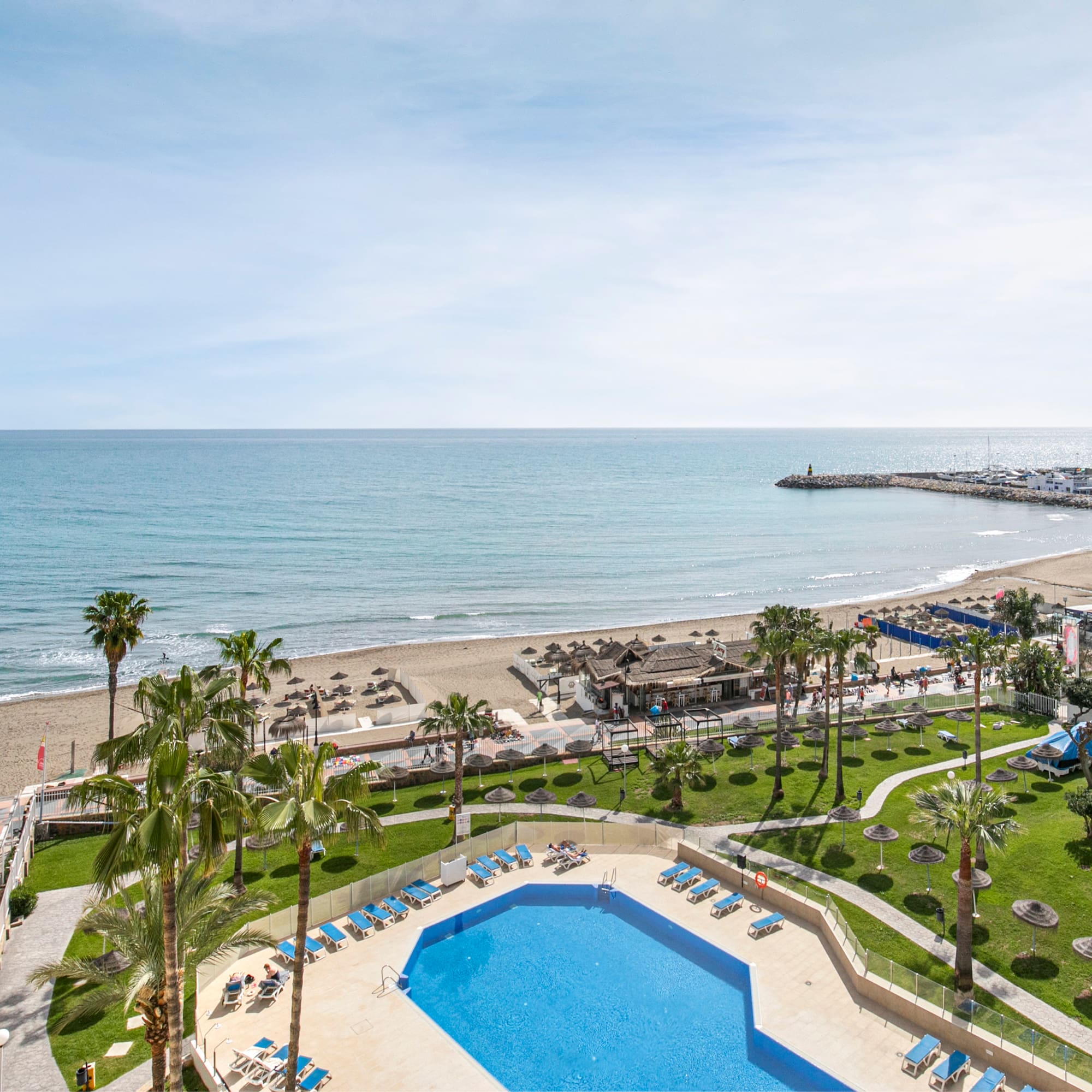 a pool and beach with palm trees and a pier