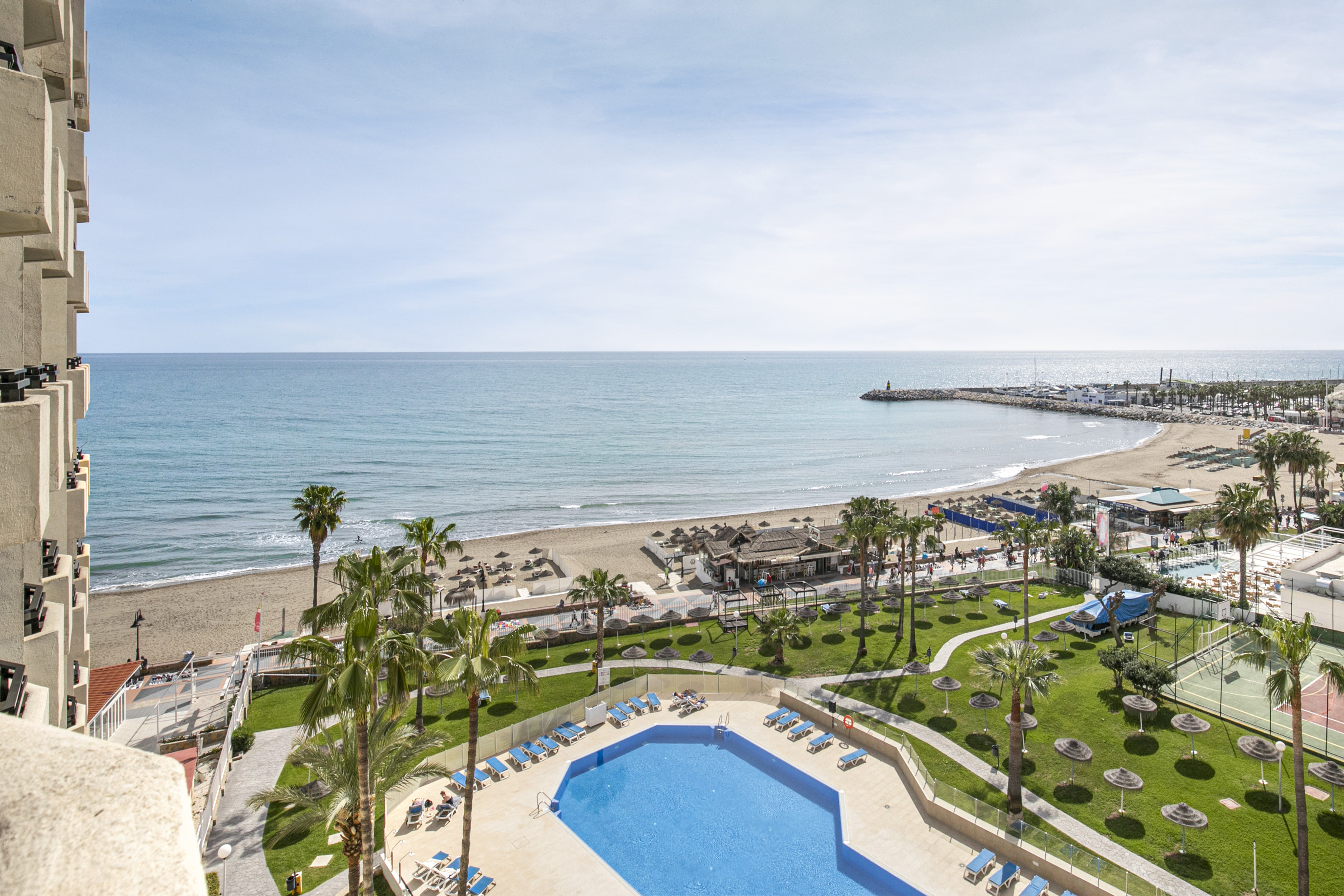 a pool and beach with palm trees and a pier