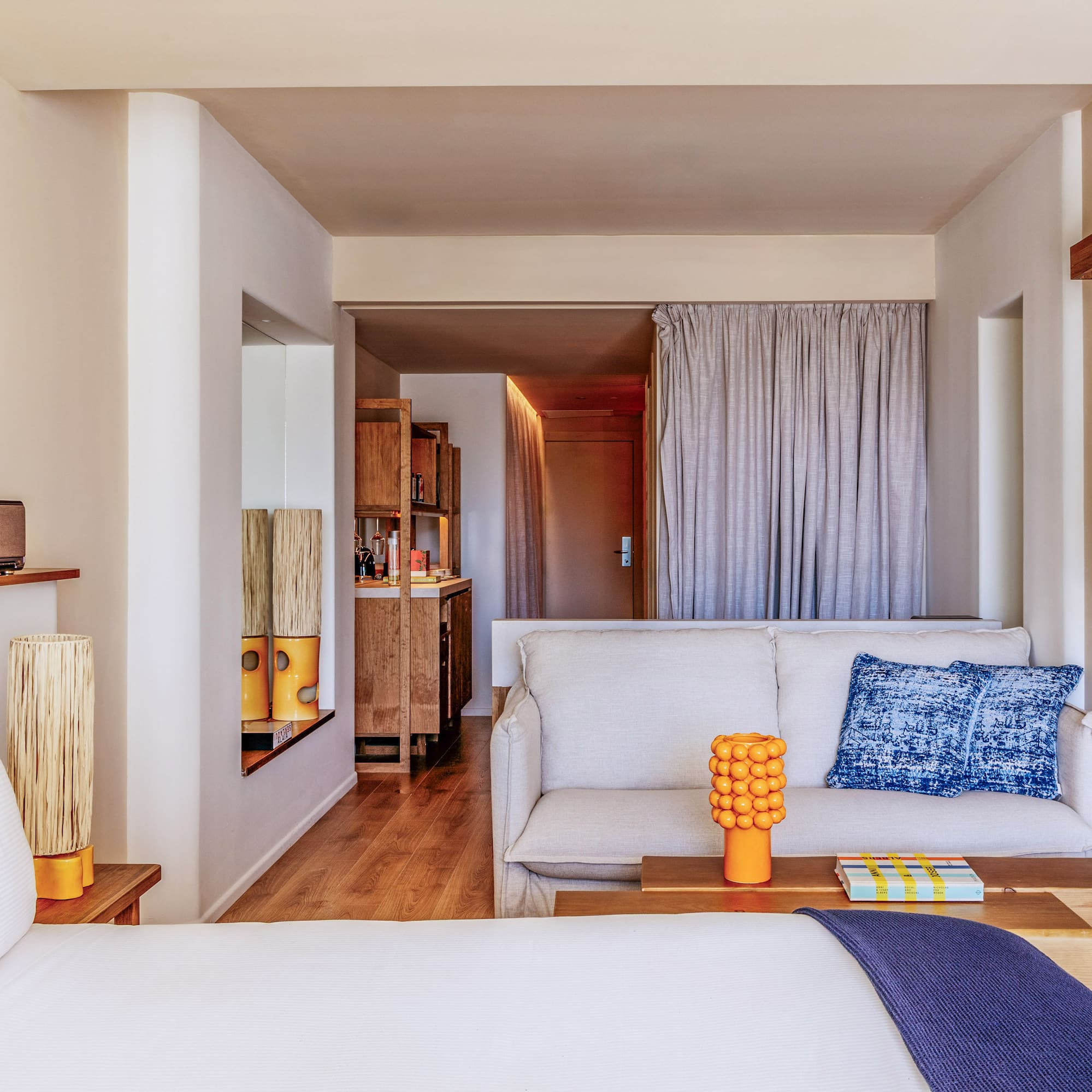 a room with a couch and a table