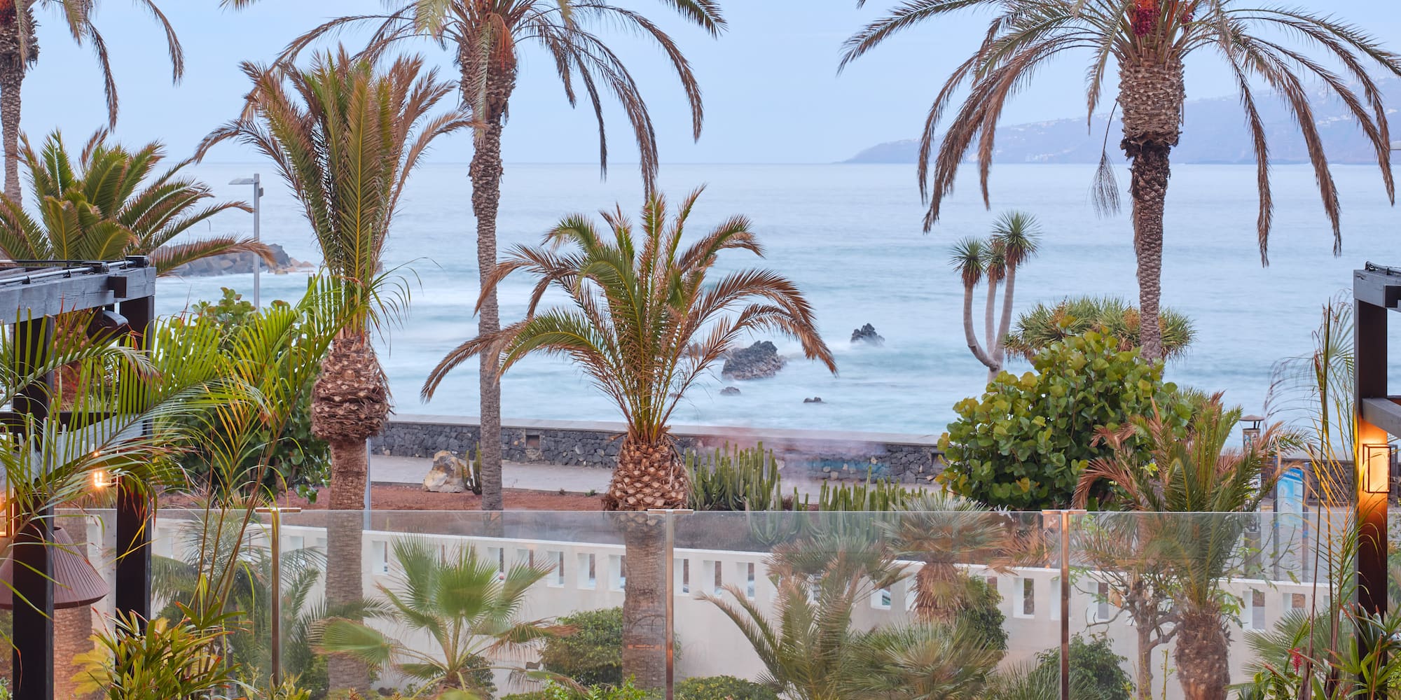 a patio with tables and chairs and palm trees