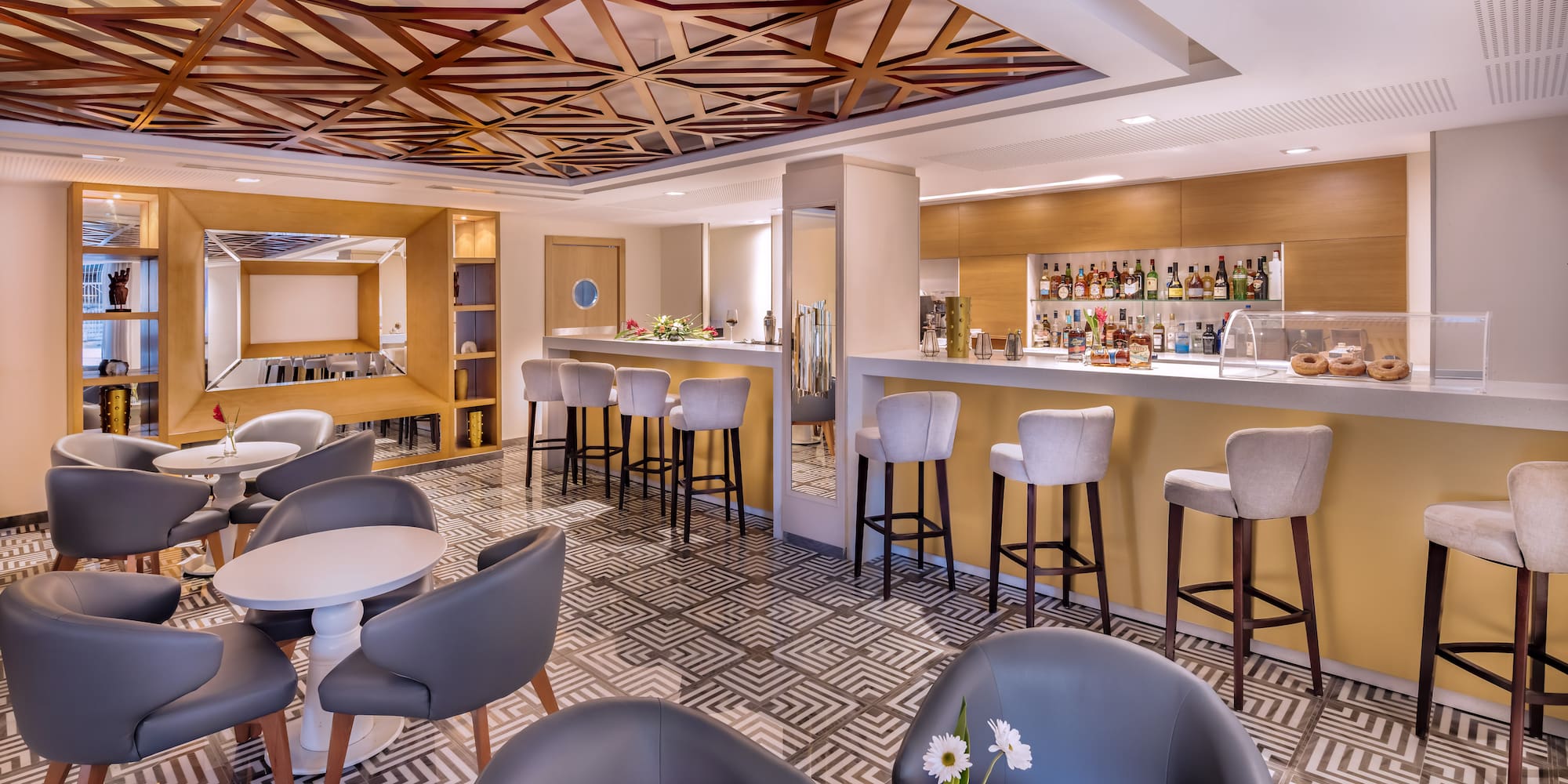 a room with tables and chairs