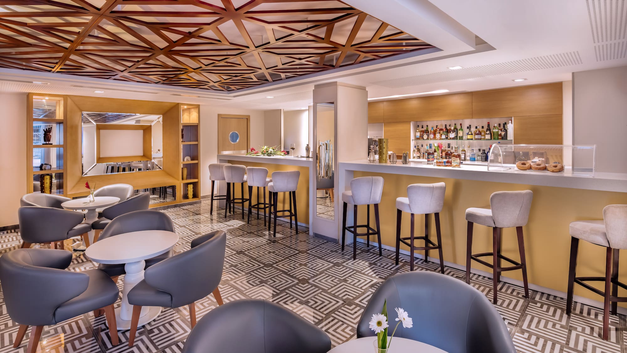 a room with tables and chairs