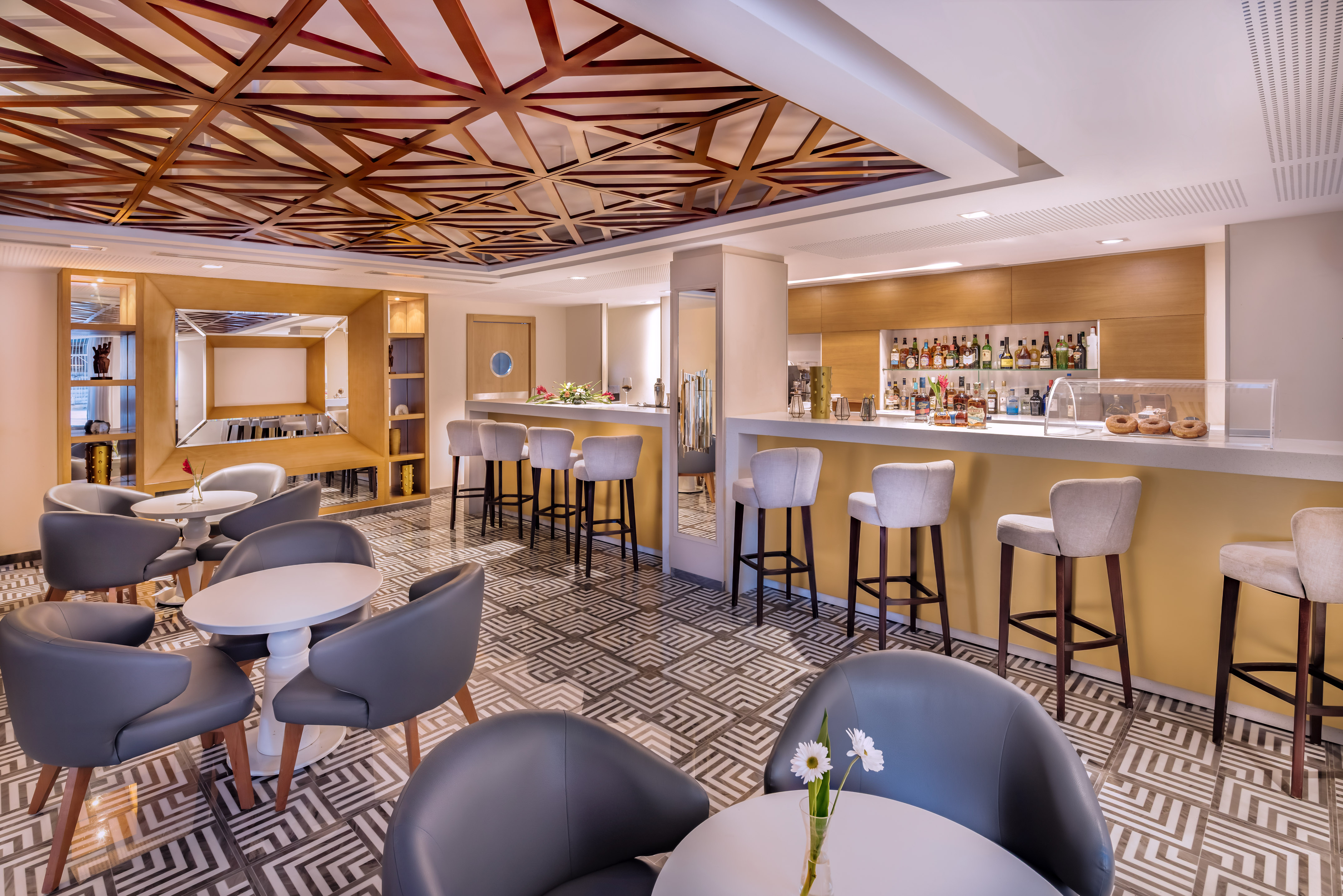 a room with tables and chairs