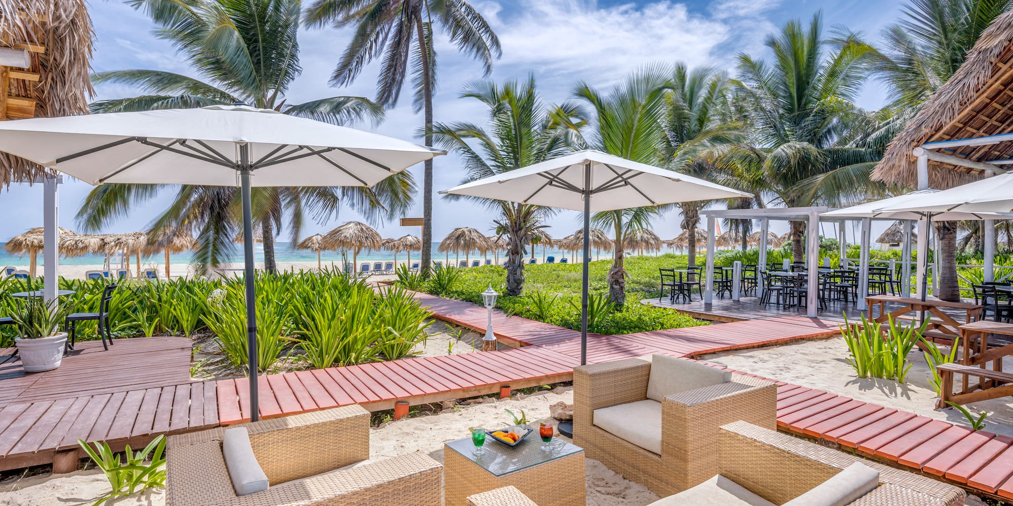 a beach with chairs and umbrellas