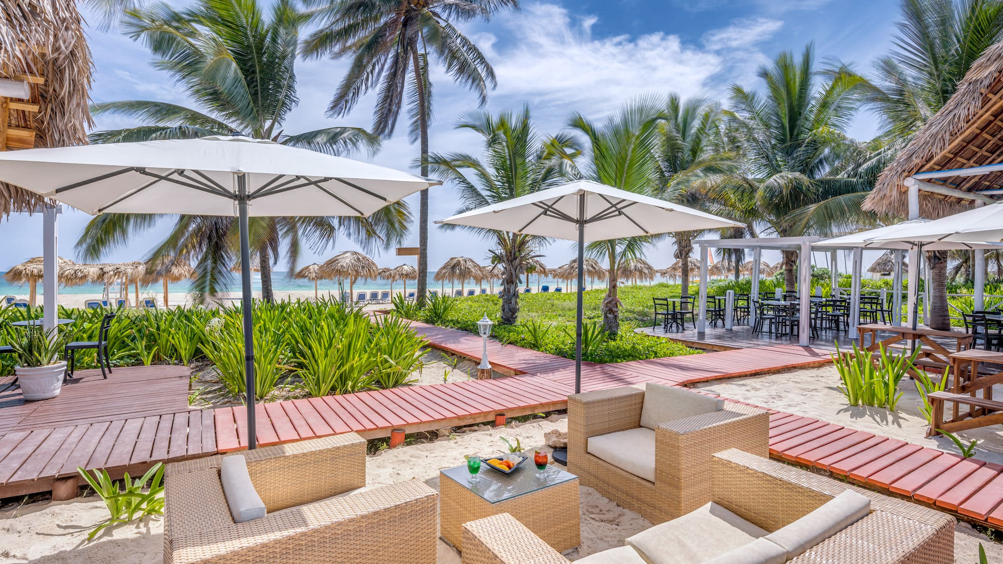 a beach with chairs and umbrellas