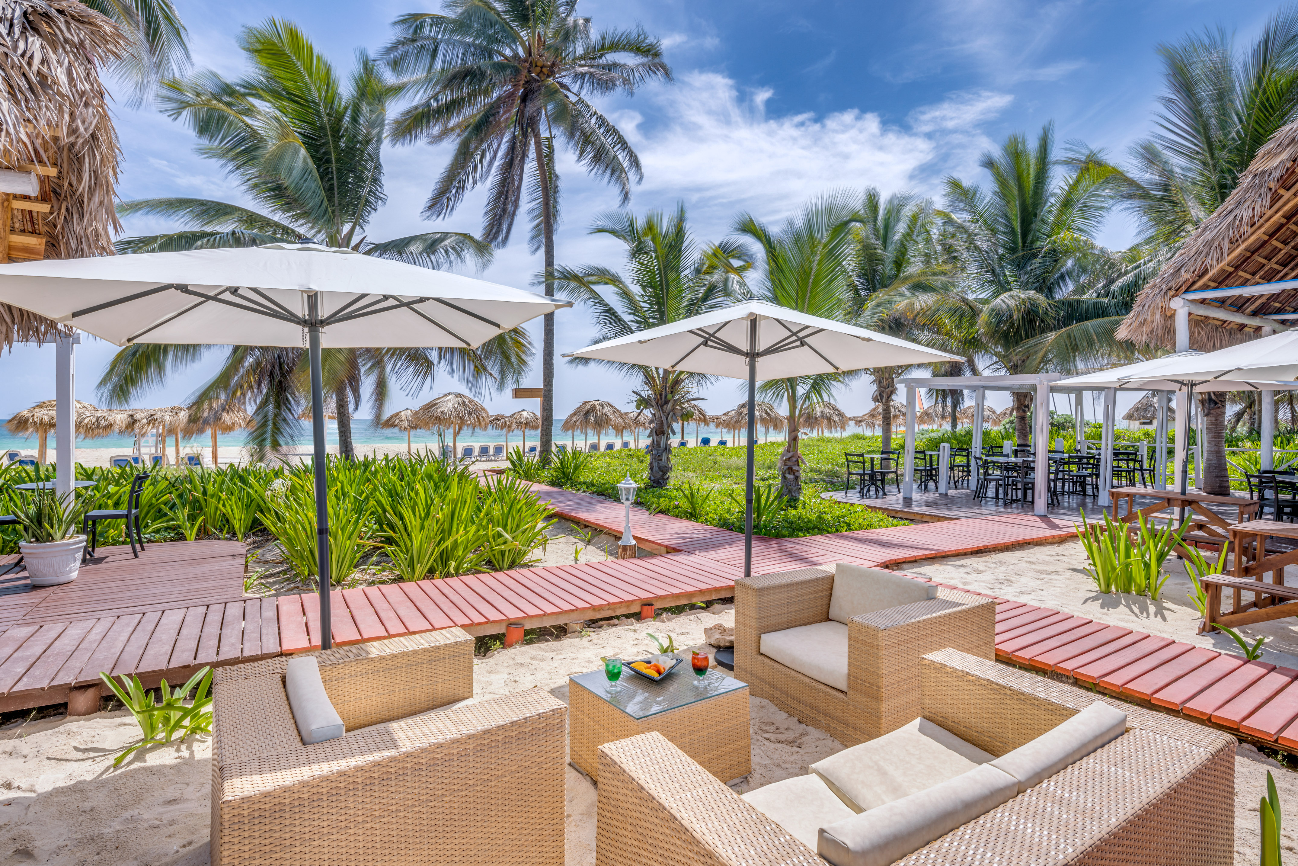a beach with chairs and umbrellas