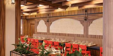 a room with tables and chairs