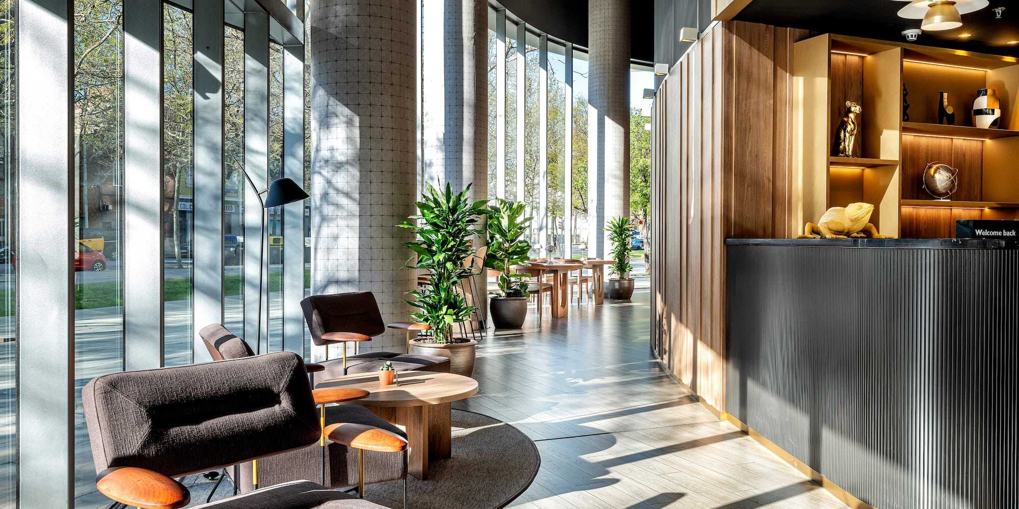 a lobby with a large window