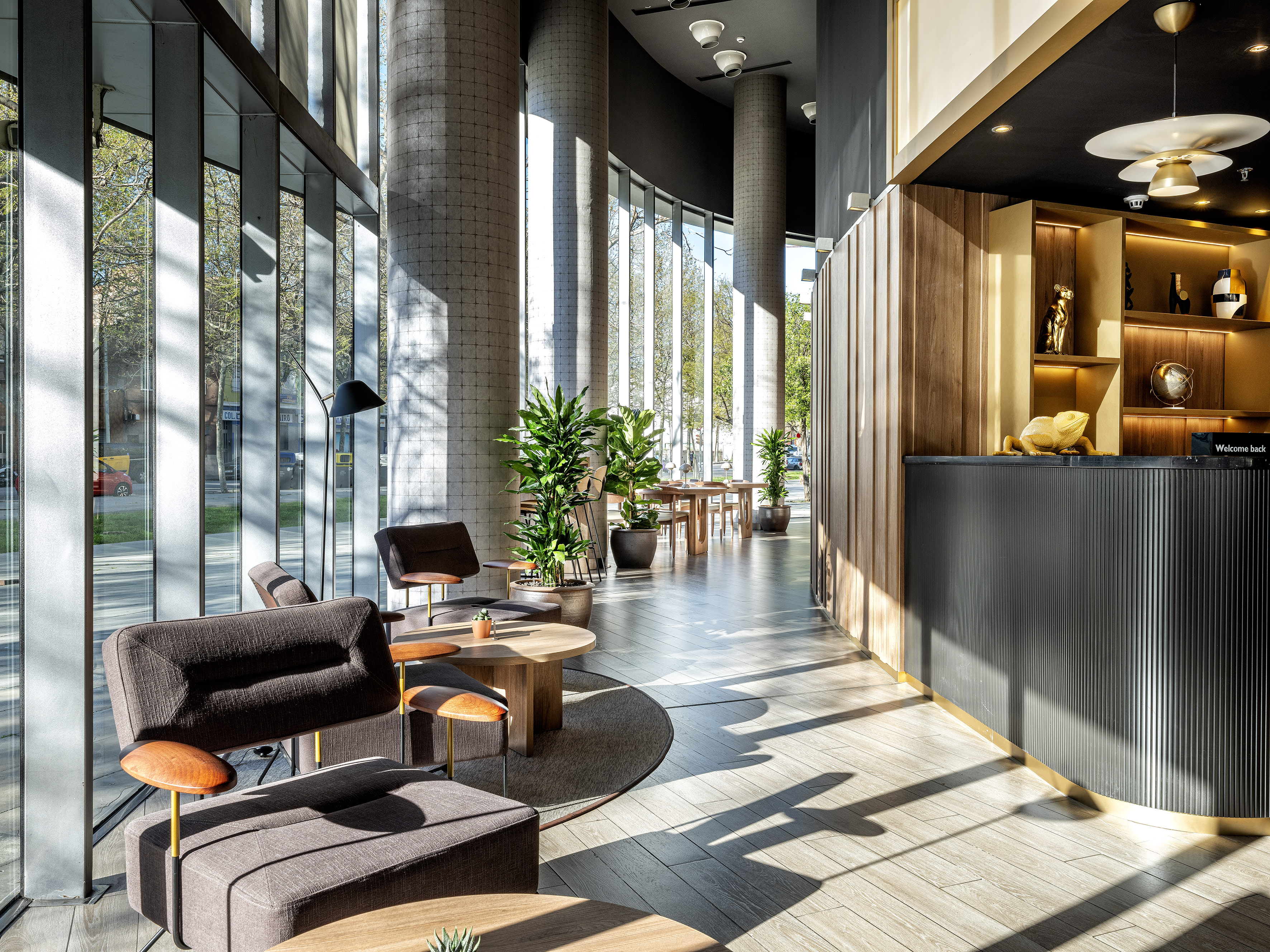 a lobby with a large window