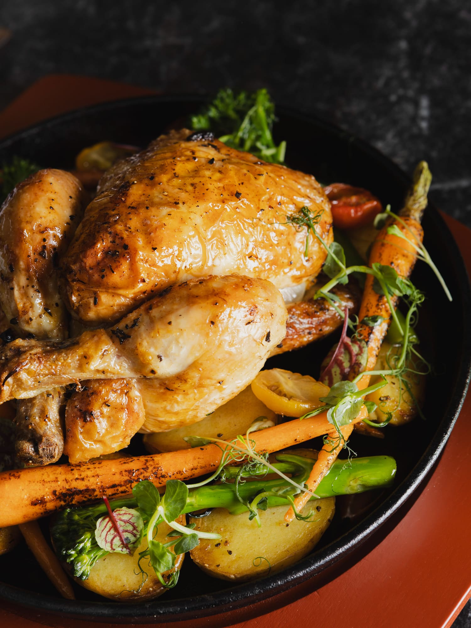 a pan of food with a chicken and vegetables