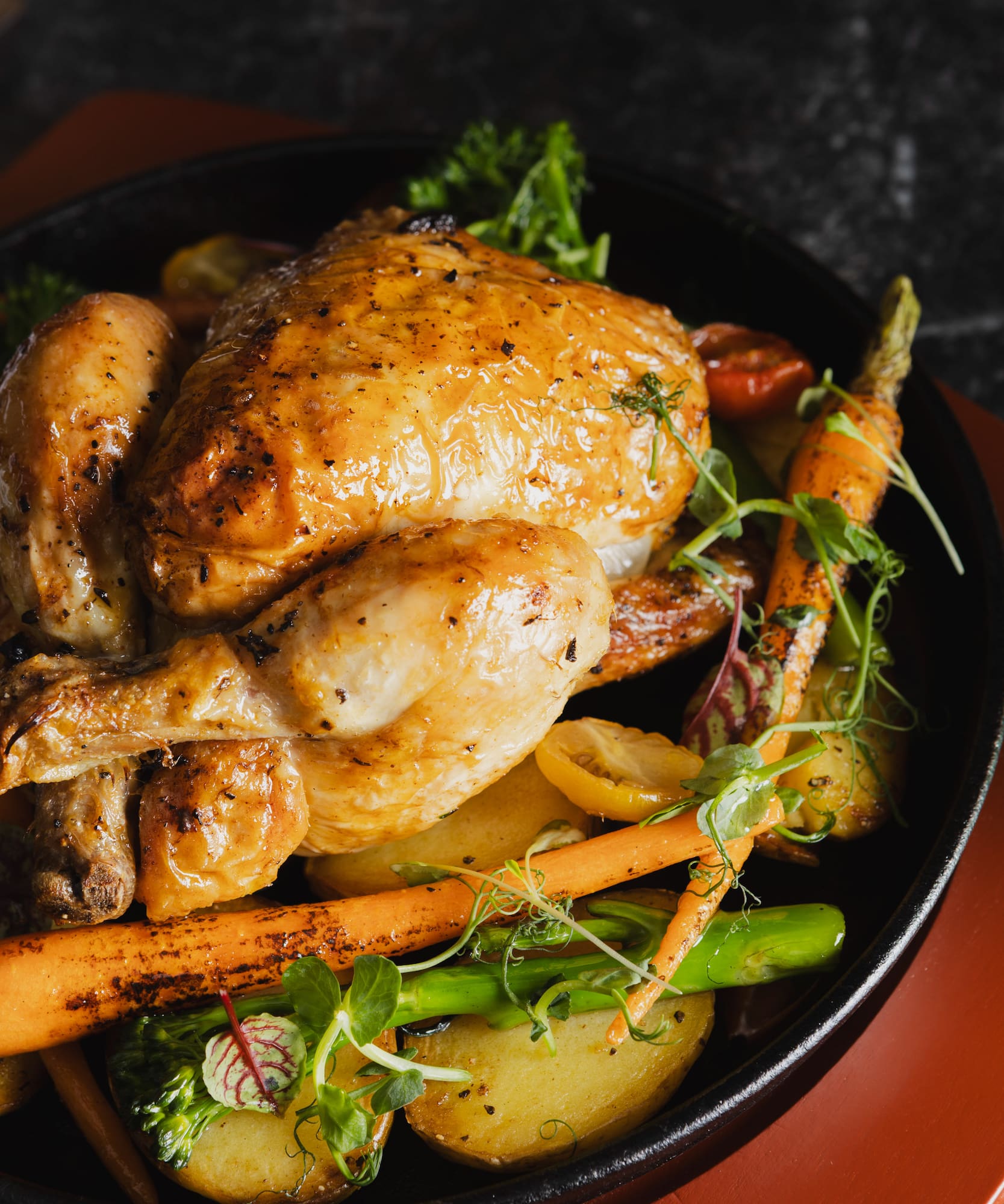 a pan of food with a chicken and vegetables