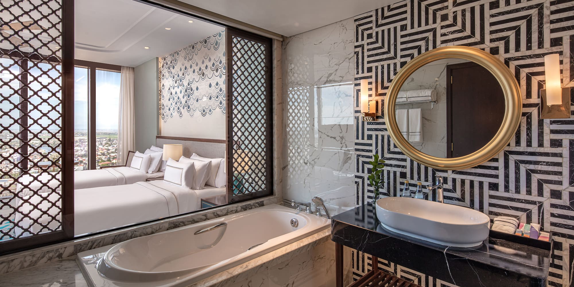 a bathroom with a bathtub and a mirror