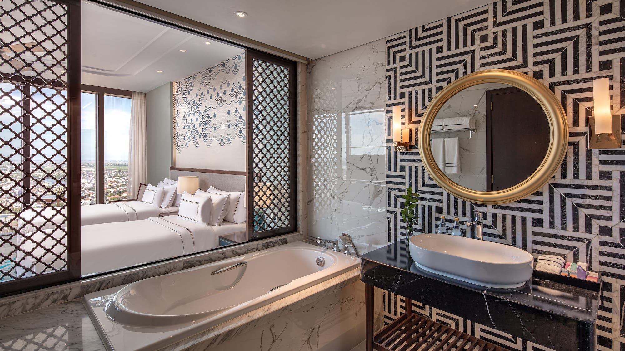 a bathroom with a bathtub and a mirror