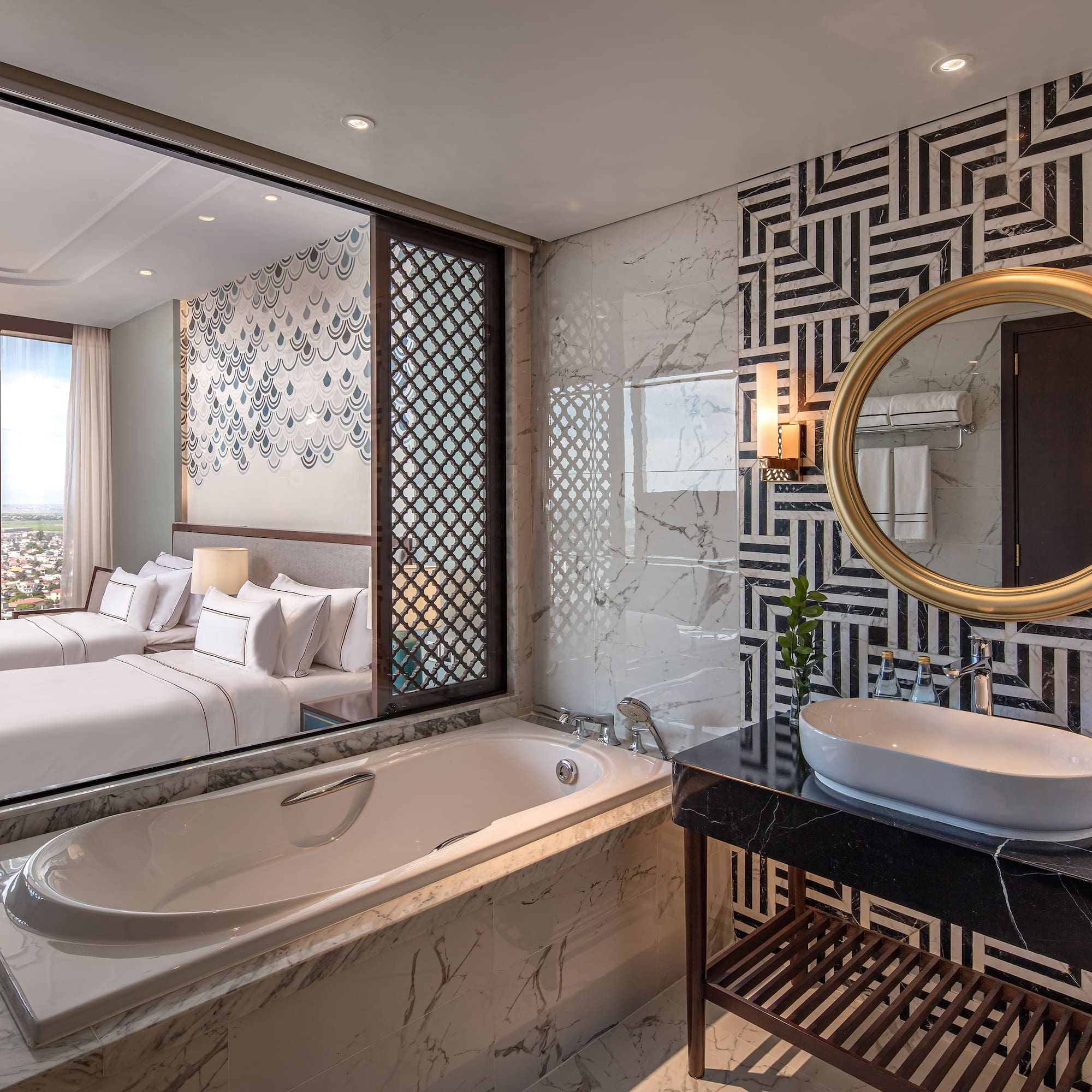 a bathroom with a bathtub and a mirror
