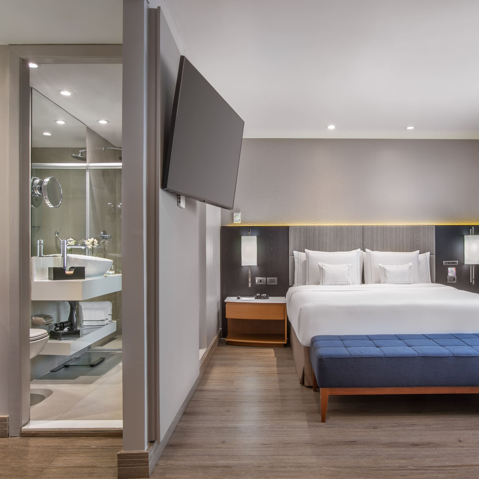 a room with a bed and a tv