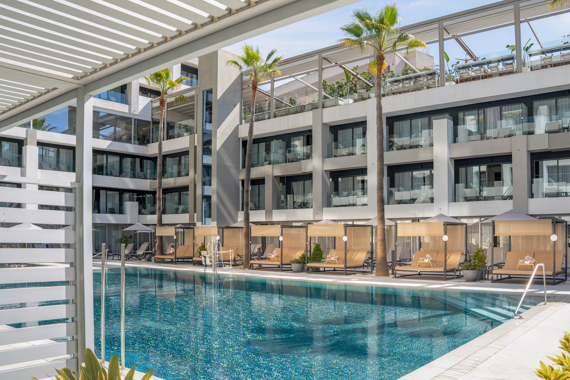 Modern luxury hotel pool with palm trees and sun loungers.
