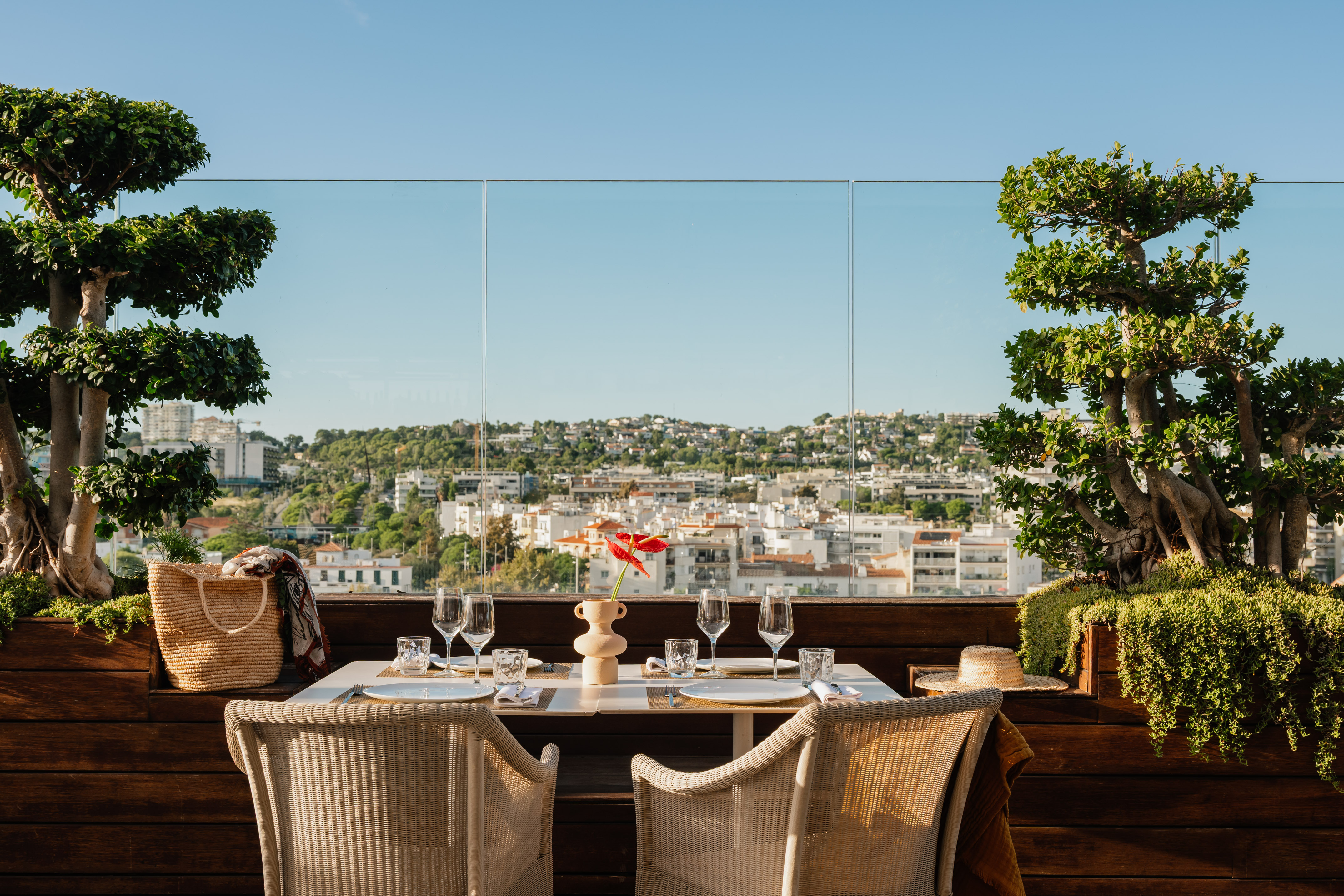 Rooftop dining table set with city view, wicker chairs, and bonsai trees.