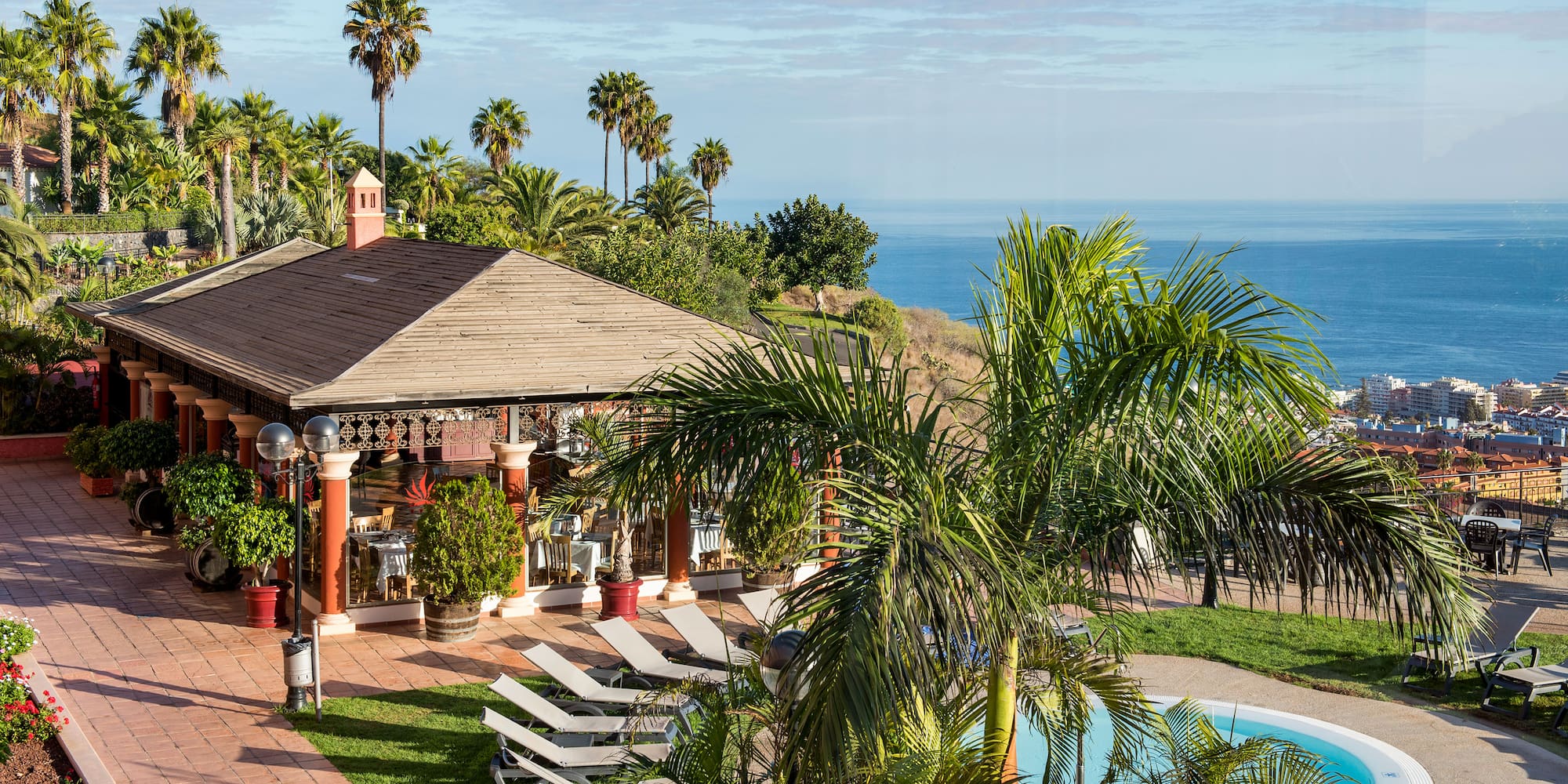 a pool and a gazebo with palm trees and a beach
