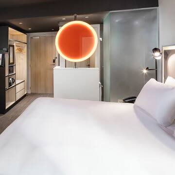 a room with a bed and a mirror