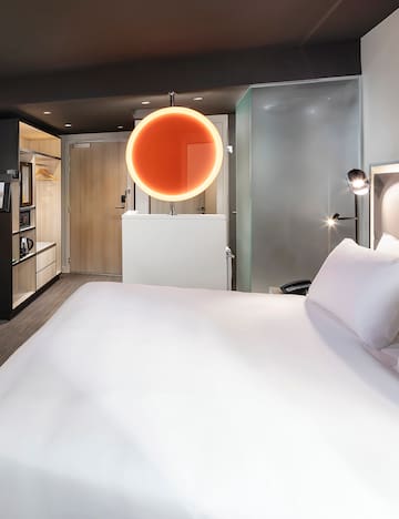 a room with a bed and a mirror