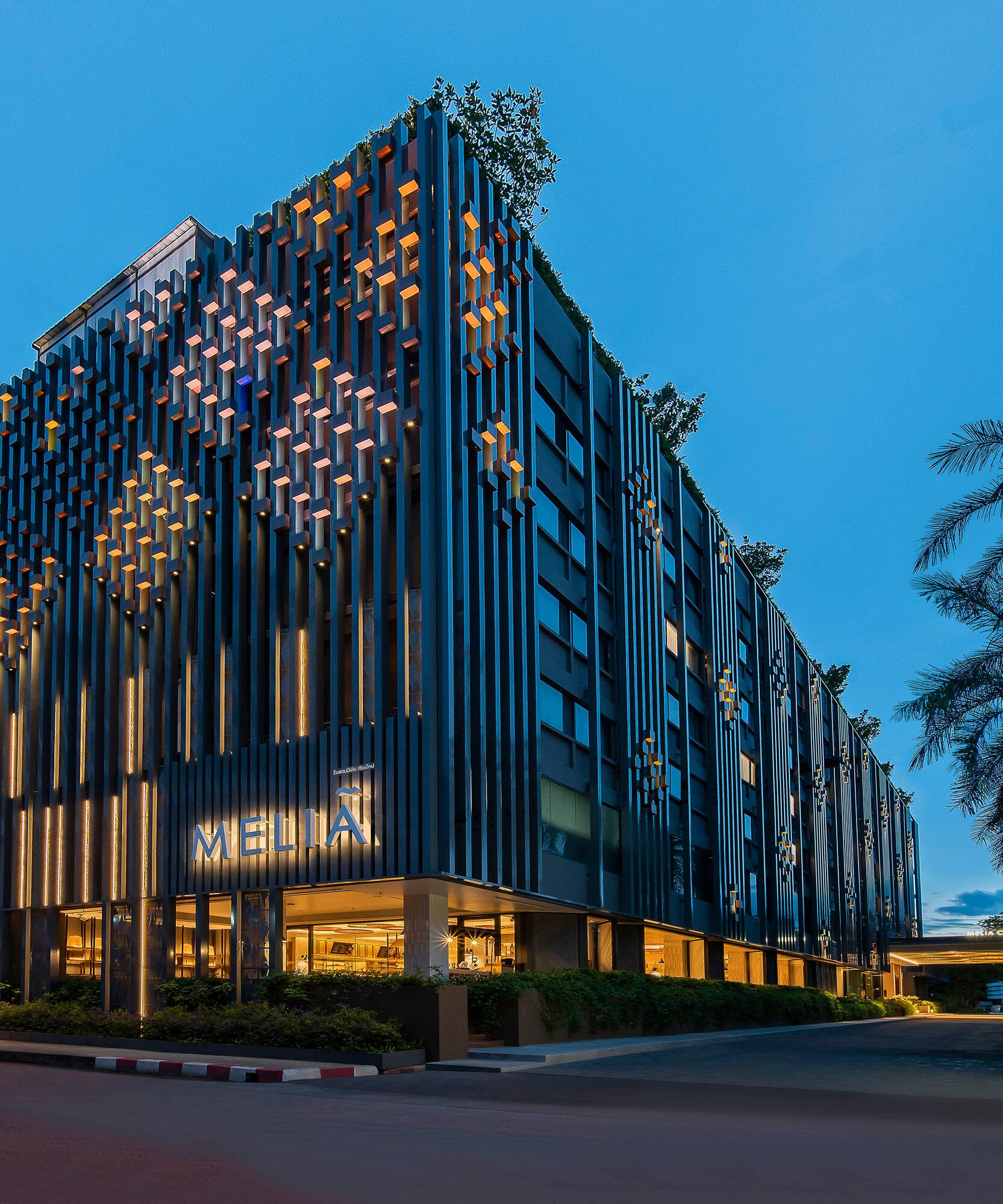 Modern Meliá Chiang Mai hotel at dusk, illuminated facade with vertical accents and palm tree.