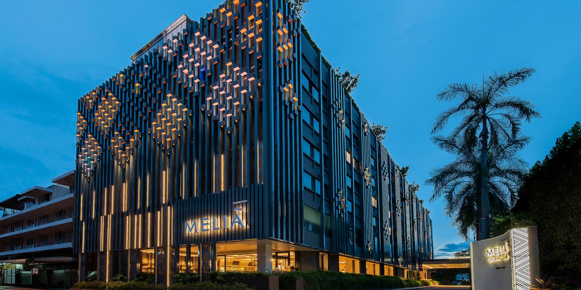 a building with lights on the side