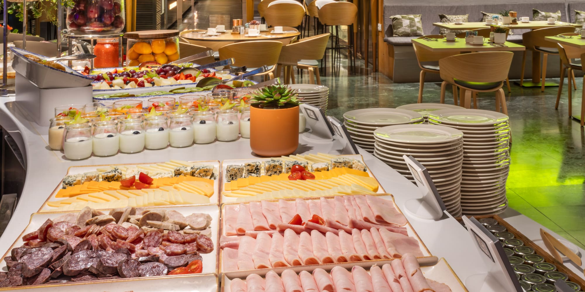 a buffet table with different food items
