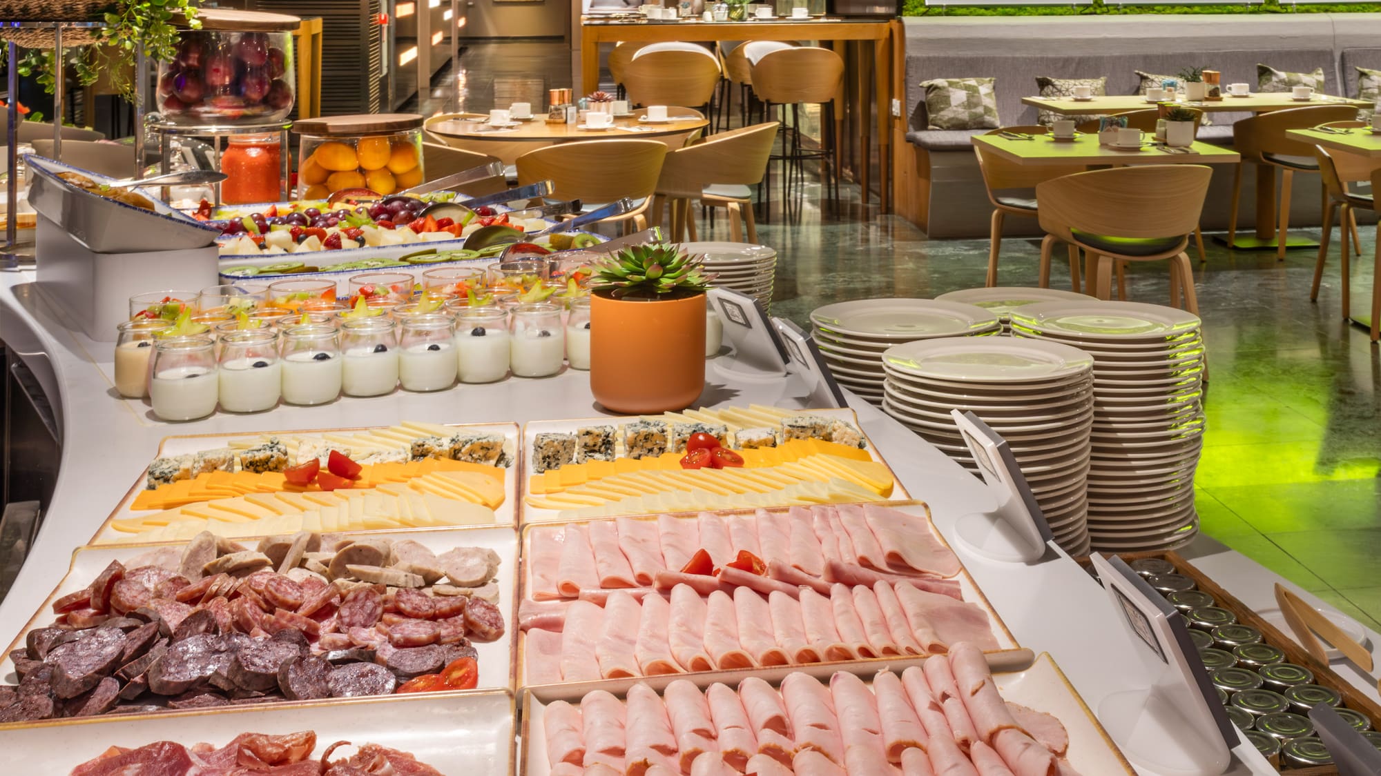 a buffet table with different food items