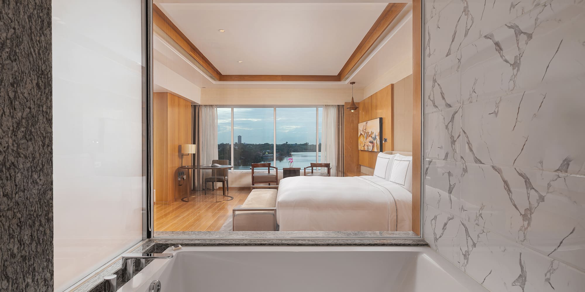 a view of a hotel room from a window