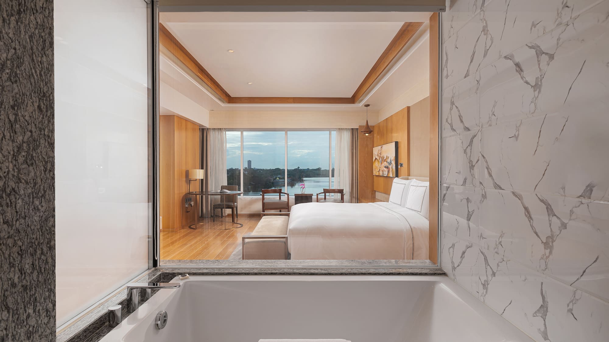 a view of a hotel room from a window