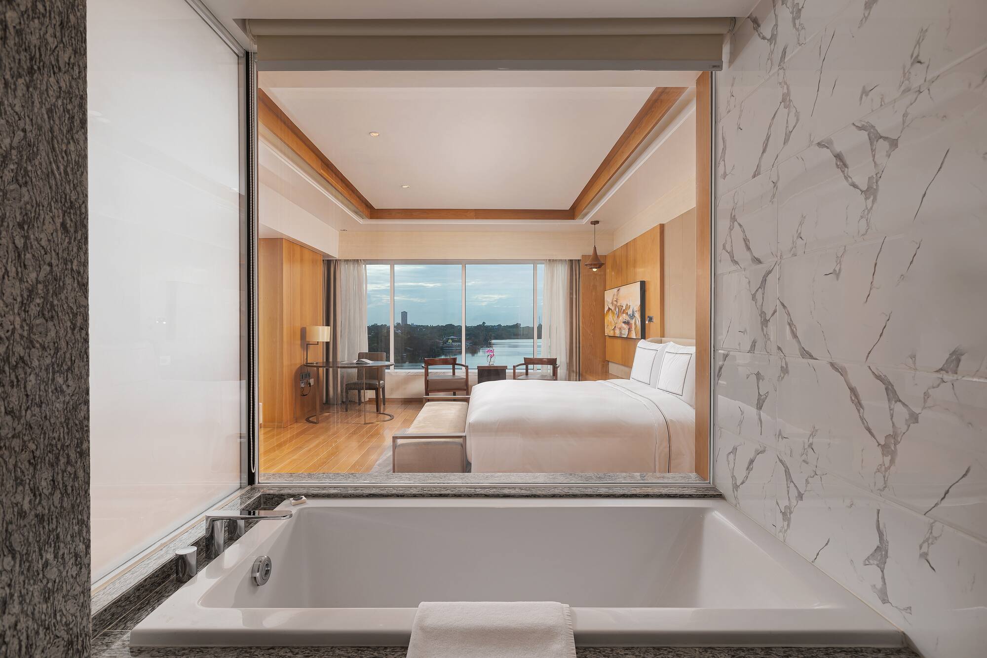 a view of a hotel room from a window